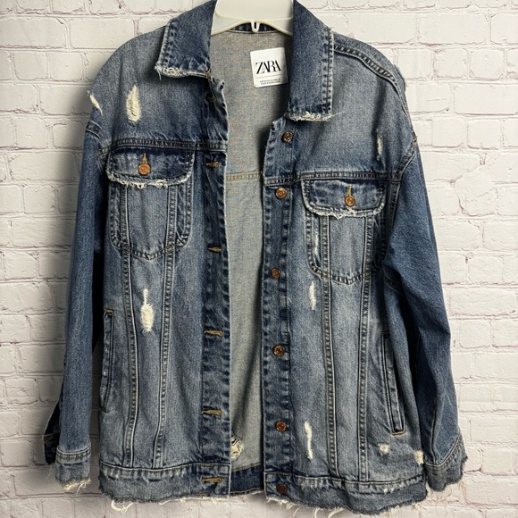 Zara light wash retro distressed denim jacket ladies size XS oversized biker - Picture 1 of 5